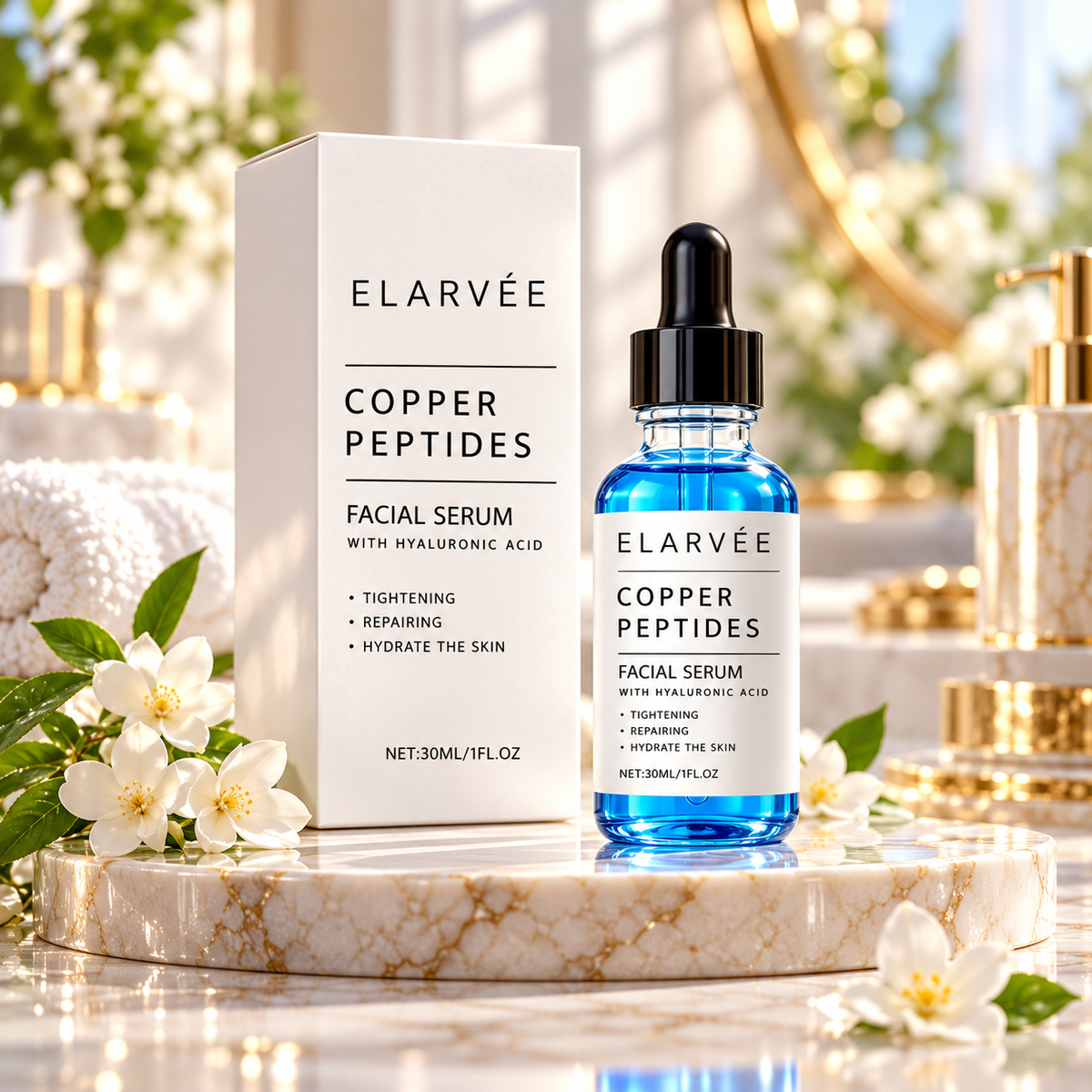 ELARVÉE Copper Peptides Facial Serum with Hyaluronic Acid, 30 mL dropper bottle