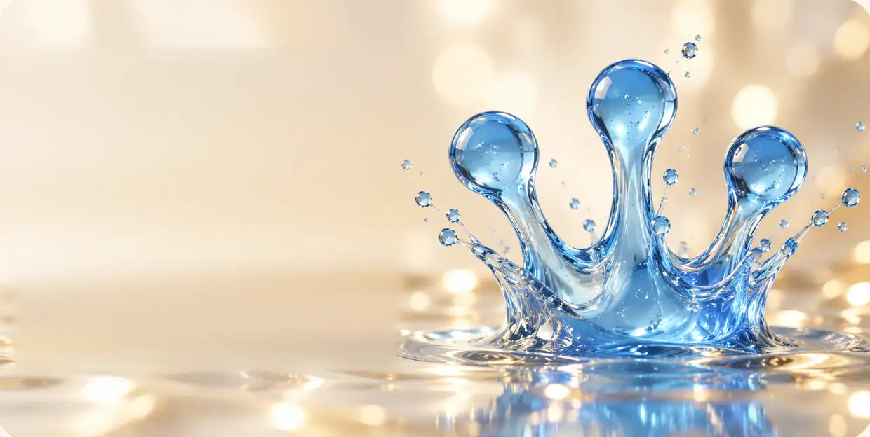 Blue serum splash on a golden, glowing background